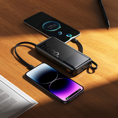 Универсальный Доп. Аккумулятор 10000mAh, J156, HOCO, выход: 1 USB, 1 PD (20W), кабель: Type-C, Lightning, Micro, черный
