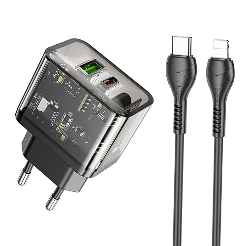 Сетевое зарядное устройство, 1 PD 20W + 1 USB 3.0 QC (N34), HOCO, Type-C to Lightning, прозрачный черный