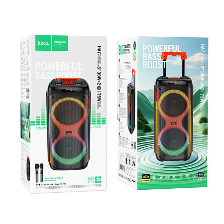 Колонка HA7, +2 беспроводных микрофона, Leader wireless dual-mic outdoor BT speaker, HOCO, черная