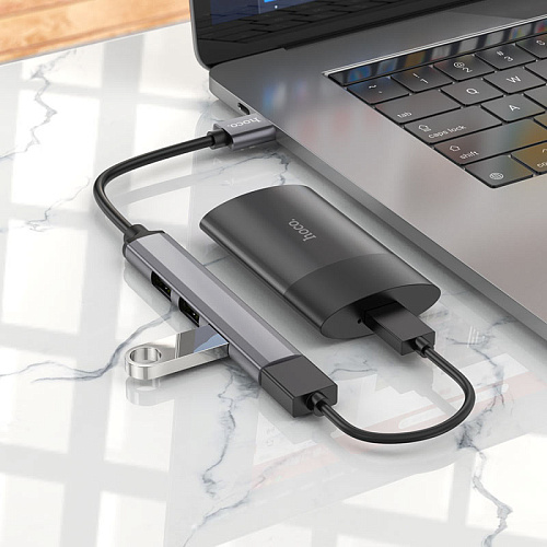USB Хаб (HB26) c 1 USB на 1 USB 3.0 + 3 USB 2.0, HOCO, металлический серый