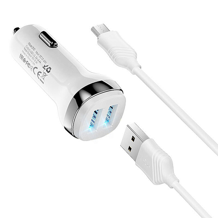 Автомобильное зарядное устройство, 2 USB 2.4A (Z40), usb cable micro, HOCO, белый