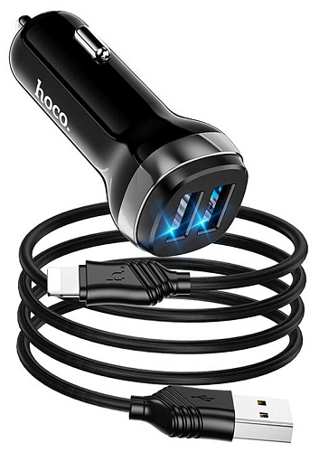 Автомобильное зарядное устройство, 2 USB 2.4A (Z40), usb cable lightning, HOCO, черный