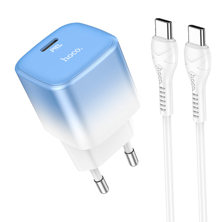Сетевое зарядное устройство, 1 PD 20W + 1 USB 3.0 QC (C101A), HOCO, Type-C to Type-C, голубой с белым