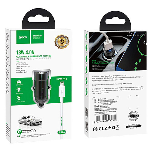 Автомобильное зарядное устройство, 1 USB 18W, QC3.0 (Z32A), usb cable Micro, HOCO, черный