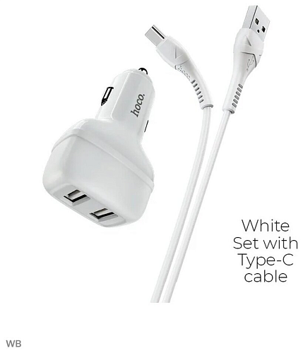 Автомобильное зарядное устройство, 2 USB 2.4A (Z36), usb cable Type-C, HOCO, белый
