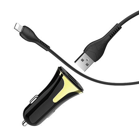 Автомобильное зарядное устройство, 2 USB 3.4A 18W QC3.0 (Z31), usb cable Lightning, HOCO, черный
