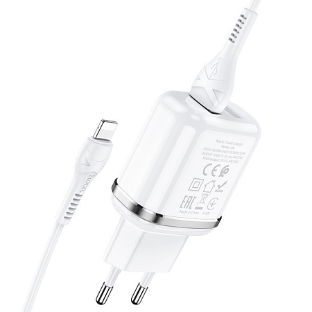 Сетевое зарядное устройство, 2 USB 2.4A 12W (N4), HOCO, Lightning, Умная зарядка, белый