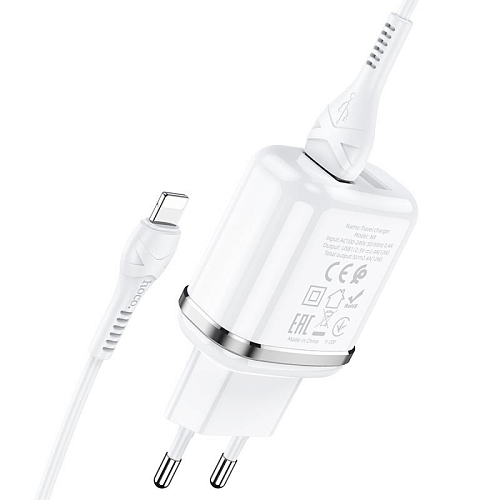 Сетевое зарядное устройство, 2 USB 2.4A 12W (N4), HOCO, Lightning, Умная зарядка, белый