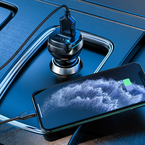 Автомобильное зарядное устройство, 2 USB 2.4A (Z40), usb cable lightning, HOCO, черный