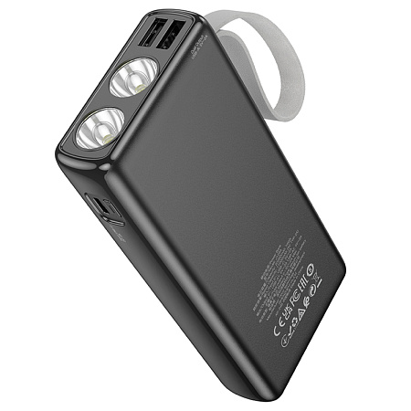Универсальный Доп. Аккумулятор 20000mAh, J129A, HOCO, выход: 2 USB (5V/2A), фонарик, черный
