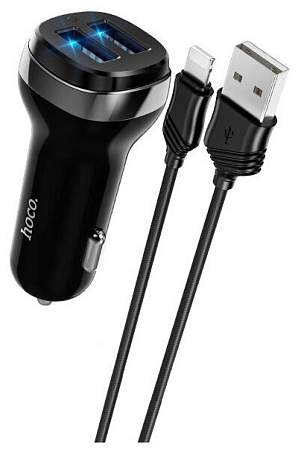 Автомобильное зарядное устройство, 2 USB 2.4A (Z40), usb cable lightning, HOCO, черный