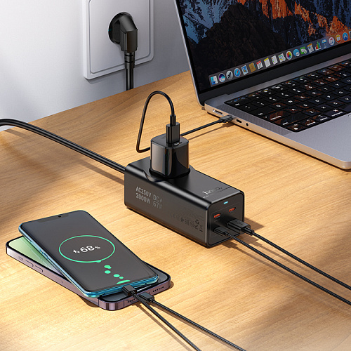 Сетевой фильтр на 1 розетка+1 USB+3 PD (67W), 2м, NS9, HOCO, черный