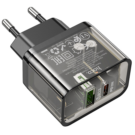 Сетевое зарядное устройство, 1 PD 20W + 1 USB 3.0 QC (N34), HOCO, прозрачный черный