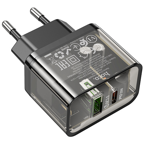 Сетевое зарядное устройство, 1 PD 20W + 1 USB 3.0 QC (N34), HOCO, прозрачный черный