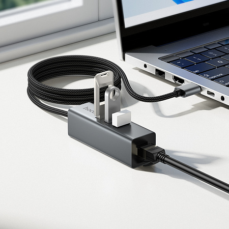 USB Хаб (HB1D) c 1 USB на 3 USB+RJ45, HOCO, скорость передачи: до 480 Мбит/с, серый