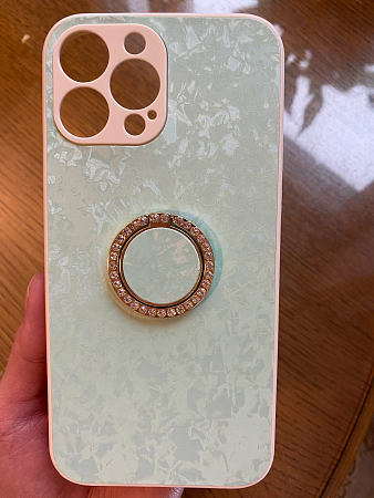 Чехол силиконовый для iPhone 13 Pro Max (6.7), с подставкой кольцом на палец со стразами, X-CASE, бирюзовый
