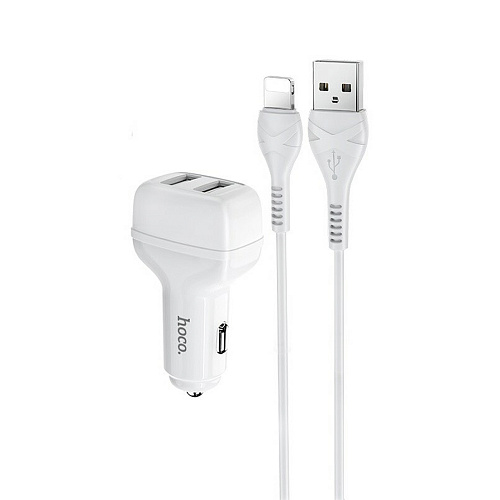 Автомобильное зарядное устройство, 2 USB 2.4A (Z36), usb cable lightning, HOCO, белый