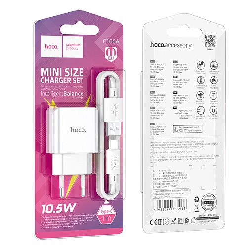 Сетевое зарядное устройство, 1 USB 2.1A (C106A), HOCO, Type-C, белый