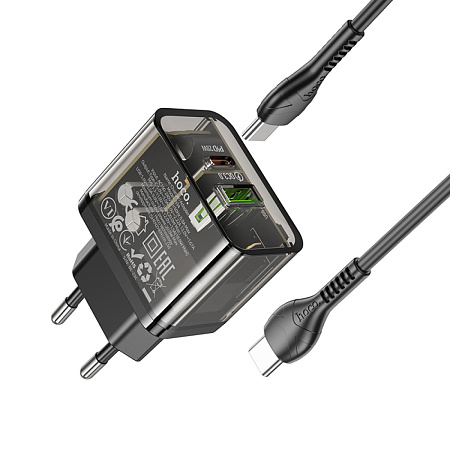 Сетевое зарядное устройство, 1 PD 20W + 1 USB 3.0 QC (N34), HOCO, Type-C to Type-C, прозрачный черный