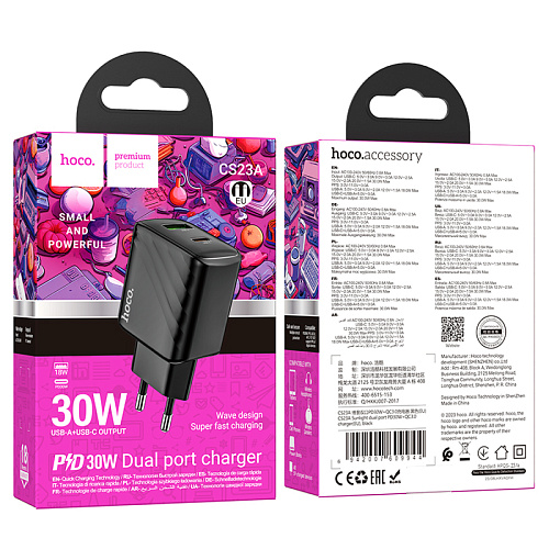 Сетевое зарядное устройство, 1 PD 30W + 1 USB 3.0 QC (CS23A), HOCO, черный