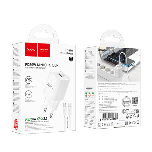 Сетевое зарядное устройство, 1 PD 30W + 1 USB 3.0 QC (C149A), HOCO, Type-C to Type-C, мини, белый