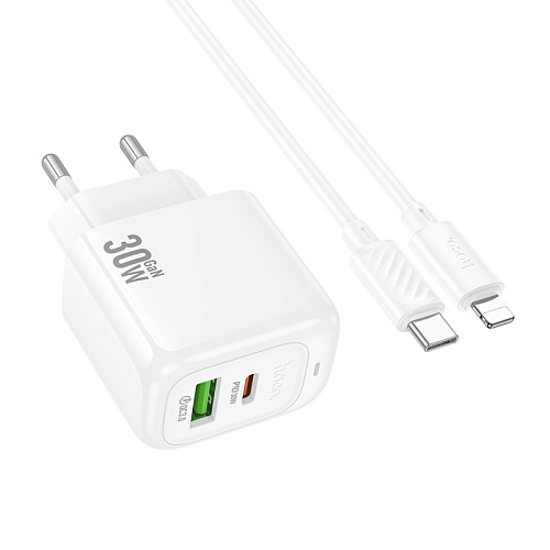 Сетевое зарядное устройство, 1 PD 30W + 1 USB 3.0 QC (CS55A), HOCO, Type-C to Lightning, белый