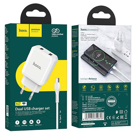 Сетевое зарядное устройство, 2 USB 2.1A 10.5W (N7), HOCO, Type-C, Умная зарядка, белый