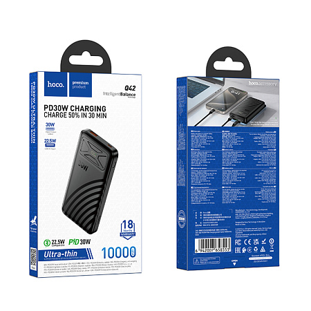 Универсальный Доп. Аккумулятор 10000mAh, Q42, HOCO, 1 PD 30W+1 USB 22.5W, ультра тонкий, черный