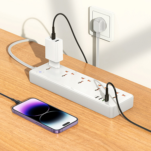 Сетевой фильтр на 5 розеток+3 USB+1 PD, 1.5м, AC14A, HOCO, белый