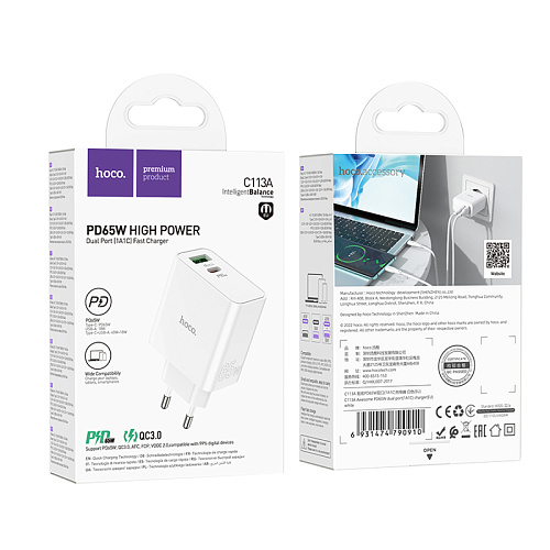 Сетевое зарядное устройство, 1 PD 65W + 1 USB 18W (C113A), HOCO, белый