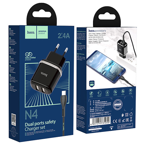 Сетевое зарядное устройство, 2 USB 2.4A 12W (N4), HOCO, Type-C, Умная зарядка, черный