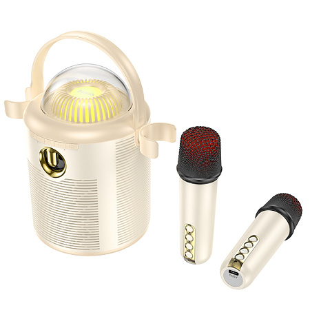 Колонка BS59, +2 беспроводных микрофона, с дискошаром, Pearlescent BT speaker with mic, HOCO, бежевая