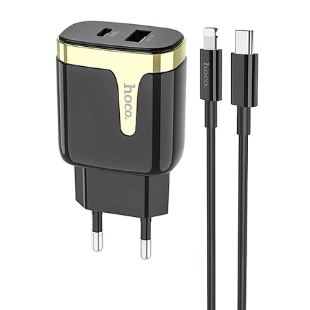 Сетевое зарядное устройство, 1 PD 18W + 1 USB 3.0 QC (C79A), HOCO, Type-C to Lightning, черный