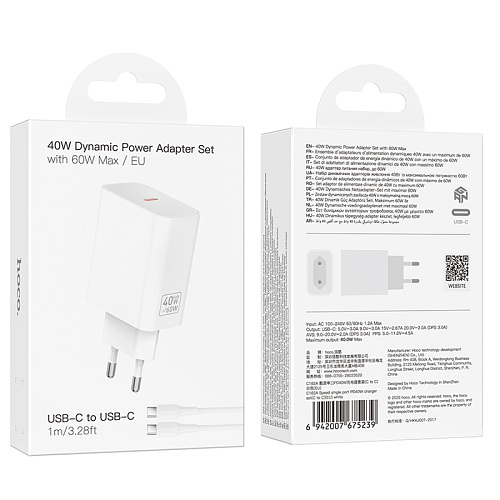 Сетевое зарядное устройство, 1 PD 40W (C162A), HOCO, Type-C to Type-C, цвет белый