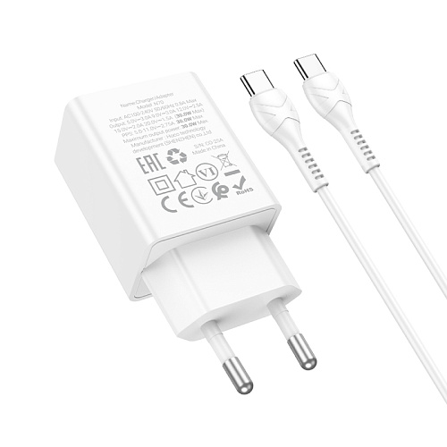 Сетевое зарядное устройство, 1 PD 30W  (N70), HOCO, Type-C to Type-C, белый