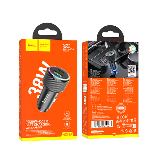 Автомобильное зарядное устройство, 1 USB QC3.0 18W, 1 PD 20W (NZ14A), HOCO, черный