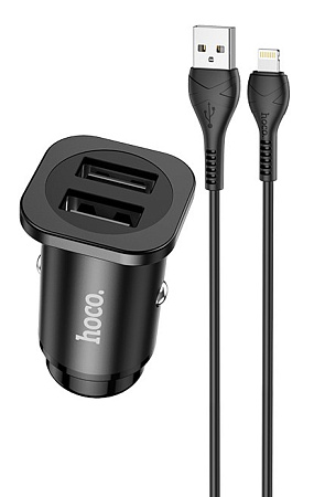 Автомобильное зарядное устройство, 2 USB 2.4A (NZ4), usb cable lightning, HOCO, черный