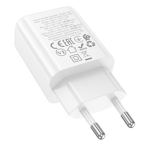 Сетевое зарядное устройство, 1 PD 30W + 1 USB 3.0 QC (N63), HOCO, белый