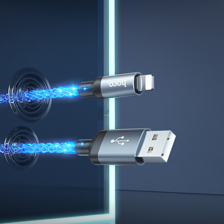 USB дата кабель Lightning, HOCO, U112, 1м, светящийся, серый