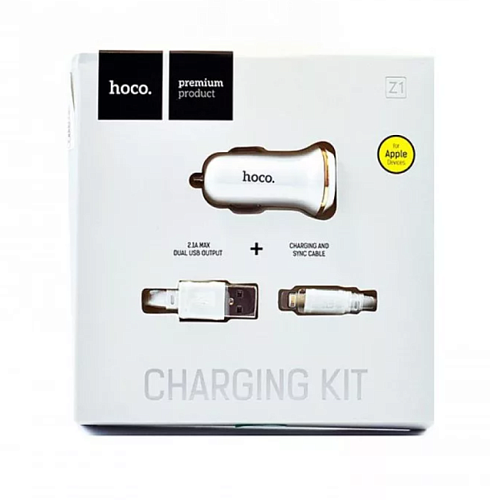 Автомобильное зарядное устройство, 2 USB 2.1A (Z1), usb cable lightning, HOCO, белый
