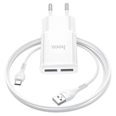 Сетевое зарядное устройство, 2 USB 2.4A (C88A), HOCO, Type-C, белый