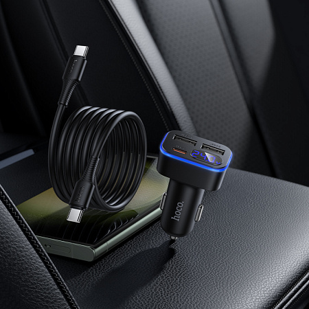 Автомобильное зарядное устройство, 2 USB QC3.0 12W, 1 PD 30W (Z63A), HOCO, кабель Type-C to Type-C, черный
