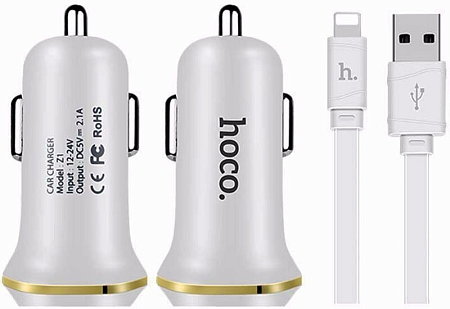 Автомобильное зарядное устройство, 2 USB 2.1A (Z1), usb cable lightning, HOCO, белый
