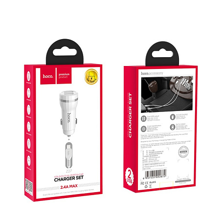 Автомобильное зарядное устройство, 2 USB 2.4A (Z27), usb cable Type-C, HOCO, белый