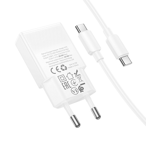 Сетевое зарядное устройство, 1 PD 20W (N72), HOCO, Type-C to Type-C, белый