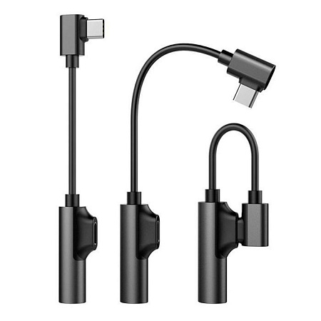 Переходник Type-C на 3,5mm Jack+зарядка Type-C, угловой со шнуром, поддерживает не все samsung, черный