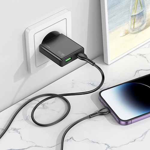 Сетевое зарядное устройство, 1 PD 20W + 1 USB 3.0 QC (N38), HOCO, Type-C to Lightning, черный
