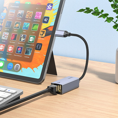 Type-C интернет адаптер , сетевой стандарт: 10/100/1000Mbps, UA37, HOCO, серый