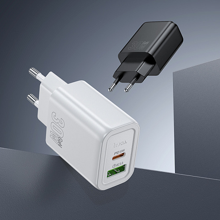Сетевое зарядное устройство, 1 USB 3.0 QC+1 PD 30W (N63), HOCO, Type-C to Lightning, белый