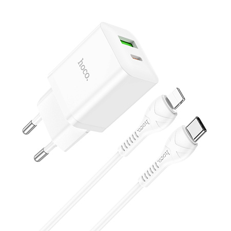 Сетевое зарядное устройство, 1 PD 18W + 1 USB 3.0 QC (N28), HOCO, Type-C to Lightning, белый